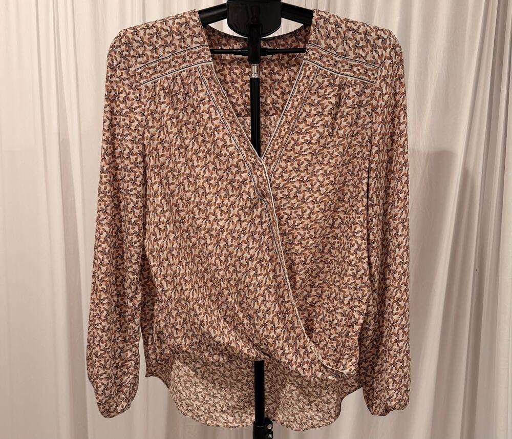 Max Studio Women's Floral Wrap Blouse Long Sleeve Pink Brown Size Large